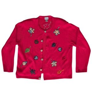 Vintage berek Extra Large Red Fall Leaf Knit Cottagecore Cardigan Tartan